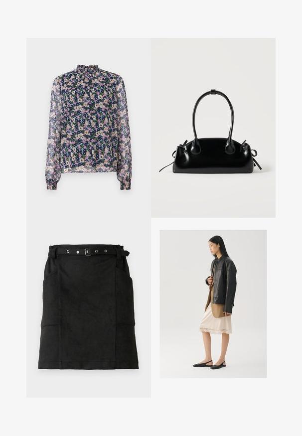 Blusa floral con cuello alto, mangas largas y puños elásticos. La tela transparente presenta un fondo azul marino y coloridos patrones de flores.; Falda de ante negra con una forma ajustada, que incluye pasadores para cinturón, una hebilla y dos bolsillos laterales. Textura suave, diseño hasta las rodillas.; Chaqueta de cuero negra sobre una blusa marrón, combinada con un vestido camisón color crema claro con ribete de encaje y zapatos slingback negros.; Pequeño bolso negro brillante con dos asas largas y detalles de cordón lateral sobre un fondo claro liso.