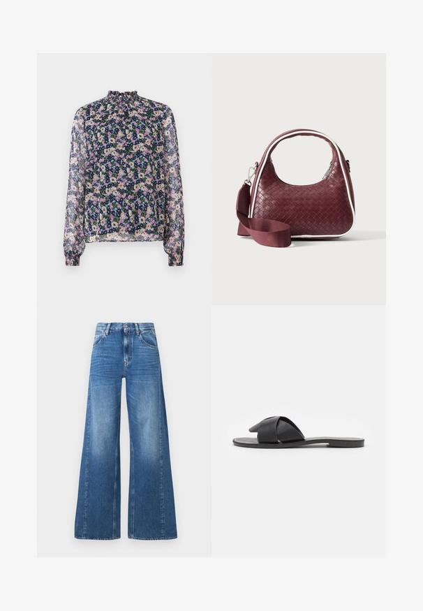 Blusa floral con cuello alto, mangas largas y puños elásticos. La tela transparente presenta un fondo azul marino y coloridos patrones de flores.; Vaqueros de mezclilla azul de pierna ancha con cintura alta, que cuentan con bolsillos frontales y un aspecto desgastado, fabricados en algodón con una textura suave.; Sandalia negra sin hebillas con tiras cruzadas. Fabricada en cuero suave con una suela plana y costuras mínimas. Diseño simple de punta abierta.; Bolso de mano de cuero tejido color granate con asa curva, ribete blanco, cremallera plateada y correa desmontable de tela ancha para el hombro sobre fondo liso.