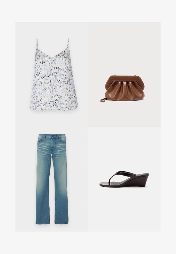 Hvid ærmeløs top med et blomsterdesign i blå og sort. V-halsdesign med tynde stropper og en løs pasform. Glat stoftekstur.; Lyseblå denimjeans med lige ben, blegning, fem lommer og knaplukning. Synlig syning som accent.; Brun patentlæder kile-sandal med tåremme og åben tå, vist i sideprofil på en ensfarvet baggrund.; Brun læderclutch med samlet design og struktureret topramme, der har en lille håndledsrem og detalje i guldfarvet lukning.