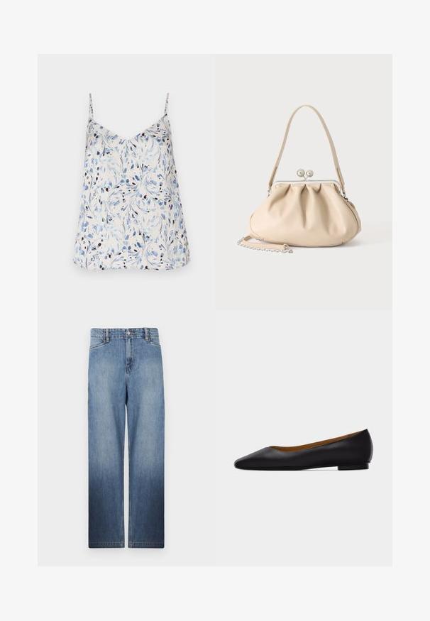 Haut sans manches blanc avec un motif floral bleu et noir. Design en V avec des bretelles fines et une coupe décontractée. Texture de tissu lisse.; Jean en denim droit bleu clair avec un effet décoloré, cinq poches et fermeture à bouton en métal à la taille.; Chaussure plate en cuir noir à bout pointu avec talon bas et finition lisse, vue de côté sur un fond gris clair.; Sac à main en cuir souple beige avec un fermoir en métal argenté, une bandoulière simple et une bandoulière chaîne optionnelle sur fond blanc.