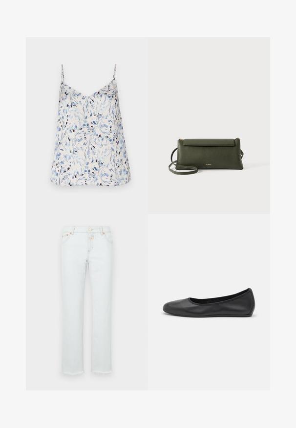 Hvid ærmeløs top med et blomsterdesign i blå og sort. V-halsdesign med tynde stropper og en løs pasform. Glat stoftekstur.; Lyse denimbukser med lige ben, der har en frynset kant, kobberhardware og en fem-lomme design.; Sort læderballetsko med rund tå, glat tekstur, minimal syning og et fleksibelt såldesign.; Mørkegrøn struktureret læder crossbody taske med klaplukning og tynd justerbar rem, præget med lille guld "Bee Projects" logo.