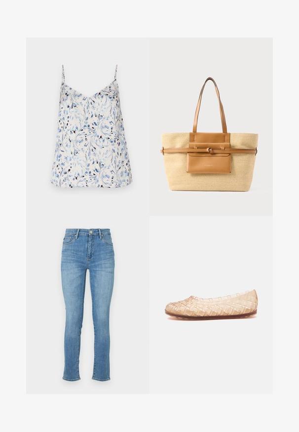 Witte mouwloze top met een bloemenpatroon in blauw en zwart. V-halsontwerp met dunne bandjes en een ontspannen pasvorm. Soepele stofstructuur.; Lichtblauwe denimjeans met een slanke pasvorm, middelhoog taille, vijf pockets design en subtiele vervaging op de dijen, voorzien van gestikte accenten.; Beige transparante geweven platte schoen met ronde neus en bruine zool, zijaanzicht op witte achtergrond.; Grote beige geweven draagtas met twee bruine leren handvatten, een leren voorvak en een horizontale leren riem met een knoopdetail.