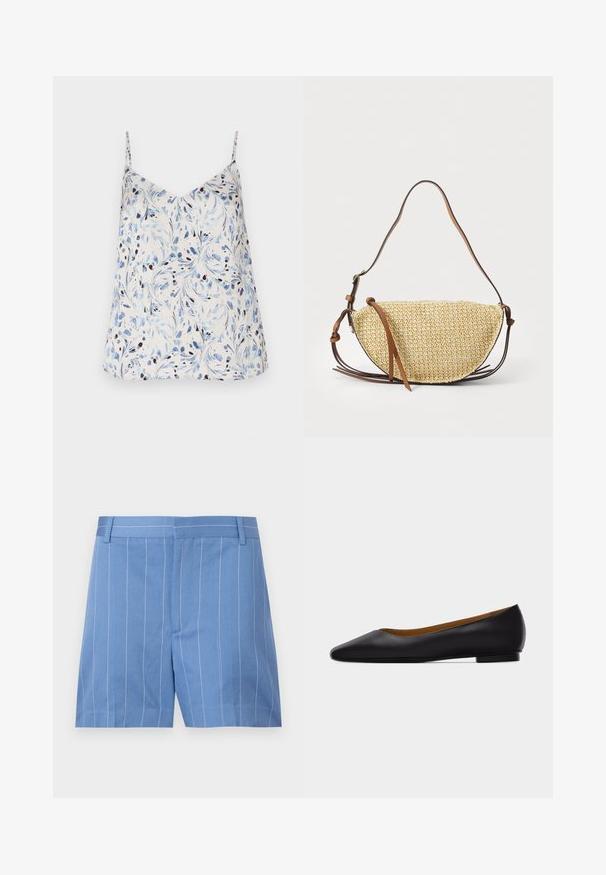 Haut sans manches blanc avec un motif floral bleu et noir. Design en V avec des bretelles fines et une coupe décontractée. Texture de tissu lisse.; Shorts bleu clair avec des rayures verticales blanches, présentant une texture lisse, un devant plat et une taille standard avec des passants de ceinture.; Chaussure plate en cuir noir à bout pointu avec talon bas et finition lisse, vue de côté sur un fond gris clair.; Sac à main en paille tissée en forme de demi-lune, avec une bandoulière en cuir marron et des accents. Couleur naturelle texturée avec des bords lisses.