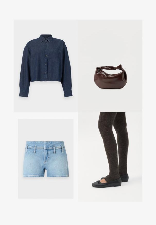 Μπλε σκουρόχρωμο cropped πουκάμισο από denim με μακριά μανίκια, κουμπιά στο μπροστινό μέρος, γιακά και μια τσέπη στο στήθος, σε λευκό φόντο.; Ανοιχτό μπλε τζιν σορτς με θηλιές για ζώνη, εμπρόσθιο φερμουάρ και διπλές ραφές, απλωμένα επίπεδα σε ουδέτερο φόντο.; Πόδια με σκουρόχρωμα ριμπ κολάν συνδυασμένα με μαύρα μπαλαρίνα παπούτσια με μικρές λεπτομέρειες φιόγκων σε λευκό φόντο.; Σκούρα καφέ δερμάτινη τσάντα ώμου με μαλακό, χαλαρό σχήμα και λαβή με στριμμένο κόμπο σε απλό λευκό φόντο.