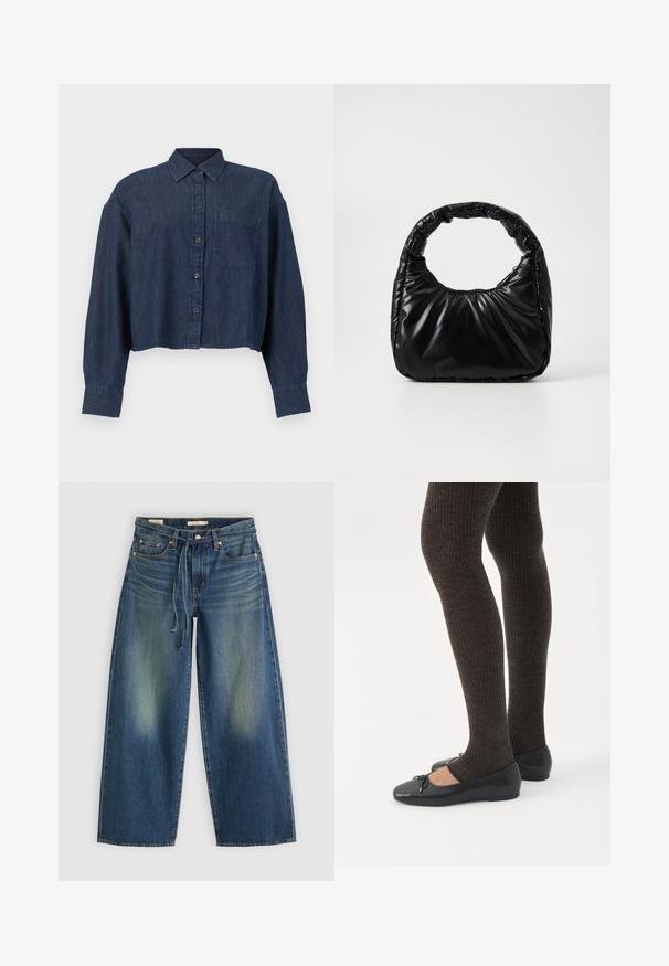 Chemise courte en denim bleu foncé avec manches longues, boutons à l'avant, col et une seule poche poitrine sur fond blanc.; Jean large en denim bleu foncé avec un design délavé, présentant une taille avec cordon de serrage et un style à cinq poches.; Jambes portant des leggings côtelés foncés associés à des ballerines noires avec de petits détails en nœud sur fond blanc.; Sac à main noir rembourré avec une poignée arrondie, présentant une surface lisse et brillante ainsi qu'une texture douce et matelassée. Pas de quincaillerie ou d'accents visibles.