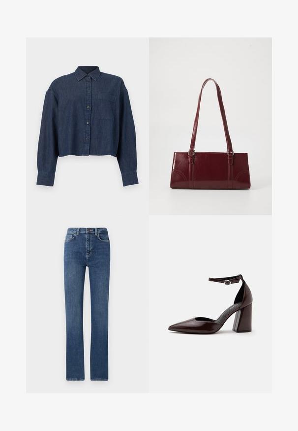 Μπλε σκουρόχρωμο cropped πουκάμισο από denim με μακριά μανίκια, κουμπιά στο μπροστινό μέρος, γιακά και μια τσέπη στο στήθος, σε λευκό φόντο.; Μπλε τζιν παντελόνι με ίσια γραμμή, διαθέτει κλασικό στυλ πέντε τσεπών, φερμουάρ και μεσαία μέση. Λείος υφιστάμενος.; Σκούρο καφέ δερμάτινη γόβα με μυτερή μύτη, ψηλό τακούνι, λουράκι στον αστράγαλο και ασημένια πόρπη σε λευκό φόντο.; Μπορντό τσάντα ώμου από γυαλιστερό υλικό, ορθογώνιο σχήμα, με δύο ιμάντες ώμου και λεπτές καμπύλες λεπτομέρειες στο μπροστινό μέρος.