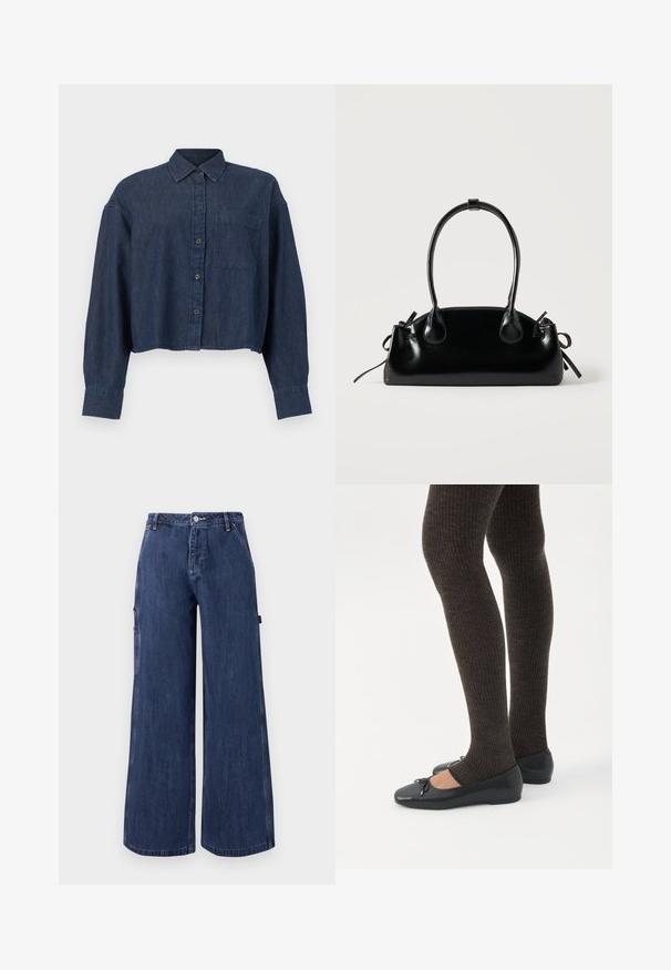 Μπλε σκουρόχρωμο cropped πουκάμισο από denim με μακριά μανίκια, κουμπιά στο μπροστινό μέρος, γιακά και μια τσέπη στο στήθος, σε λευκό φόντο.; Σκούρα μπλε τζιν παντελόνια με φαρδιά μπατζάκια, με κουμπί και φερμουάρ μπροστά, πλαϊνές τσέπες και θηλιές για ζώνη, εμφανιζόμενα σε λευκό φόντο.; Πόδια με σκουρόχρωμα ριμπ κολάν συνδυασμένα με μαύρα μπαλαρίνα παπούτσια με μικρές λεπτομέρειες φιόγκων σε λευκό φόντο.; Μικρή μαύρη γυαλιστερή τσάντα με δύο μακριές λαβές και λεπτομέρειες με ρυθμιζόμενο κορδόνι στο πλάι σε απλό ανοιχτό φόντο.