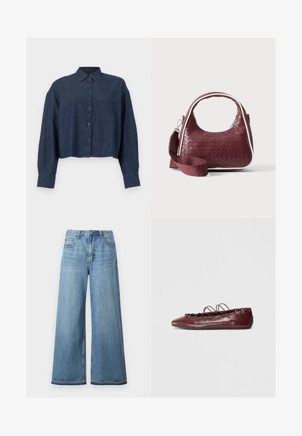 Μπλε σκουρόχρωμο cropped πουκάμισο από denim με μακριά μανίκια, κουμπιά στο μπροστινό μέρος, γιακά και μια τσέπη στο στήθος, σε λευκό φόντο.; Τζιν παντελόνι με ψηλή μέση σε ανοιχτό μπλε χρώμα, με φαρδιές παντελόνες, κλείσιμο με κουμπιά και φερμουάρ μπροστά και σχεδίαση με πέντε τσέπες.; Μπαλαρίνες από μπορντό δέρμα με αιχμηρή μύτη, δαντέλα μπροστά και ασημί οπές. Μαλακό πέλμα για ευελιξία και άνεση.; Χειροποίητη καφέ δερμάτινη τσάντα με καμπυλωτή λαβή, λευκή επένδυση, ασημένιο φερμουάρ και αφαιρούμενο φαρδύ υφασμάτινο λουρί ώμου σε μονόχρωμο φόντο.