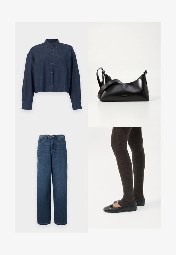 Chemise courte en denim bleu foncé avec manches longues, boutons à l'avant, col et une seule poche poitrine sur fond blanc.; Jean en denim bleu foncé avec une coupe ample, un design à cinq poches et une fermeture à bouton avec des accents en métal le long des coutures latérales.; Jambes portant des leggings côtelés foncés associés à des ballerines noires avec de petits détails en nœud sur fond blanc.; Sac à main en cuir noir avec une texture lisse. Dispose d'une bandoulière adjustable et d'un design élégant et minimaliste avec une fermeture éclair.