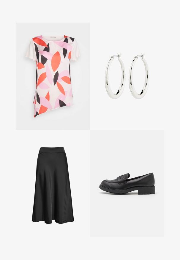 Anna Field T-shirts print - pink; Sort satin midi nederdel med høj talje, udvidet silhuet og glat finish, vist på hvid baggrund.; Sorte læder loafers med rund tå, to dekorative remme over vristen og en tyk gummisål med skridsikre mønstre.; Sølvøreringe i form af hoops med en glat, blank finish. Cirkulær form, der har en sikker lås. Simpelt og elegant design.