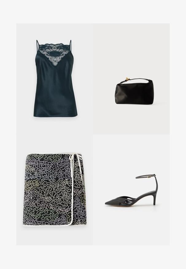Satin camisole i mørkeblå med en blondepanel ved halsudskæringen, med justerbare tynde stropper og en glat tekstur.; Sort omslagskjorte med et flerfarvet stjernemønster i nuancer af pastellgul, grøn og blå, fremhævet med hvid kant og bånd.; Sort læder højhælet sko med spids tå, åbne sider og en tynd ankelrem med en lille guld detalje.; Sort satinpung med en afrundet form, et håndtag i toppen og en guldaccentlås. Glat tekstur med et minimalistisk design.