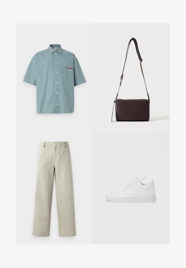 Camisa de manga corta en un patrón de cuadros a cuadros verdes y blancos. Presenta un cierre con botones, cuello y un bolsillo en el pecho con bordado rojo.; Han Kjøbenhavn WIDE LEG - Pantalones - light grey; Zapatilla blanca de cuero con punta redondeada, suela plana y cierre de cordones. Presenta detalles de costuras y un cuello acolchado para mayor comodidad.; Bolso bandolera de cuero marrón oscuro con textura, correa ajustable y pequeño adorno decorativo azul en el lateral.