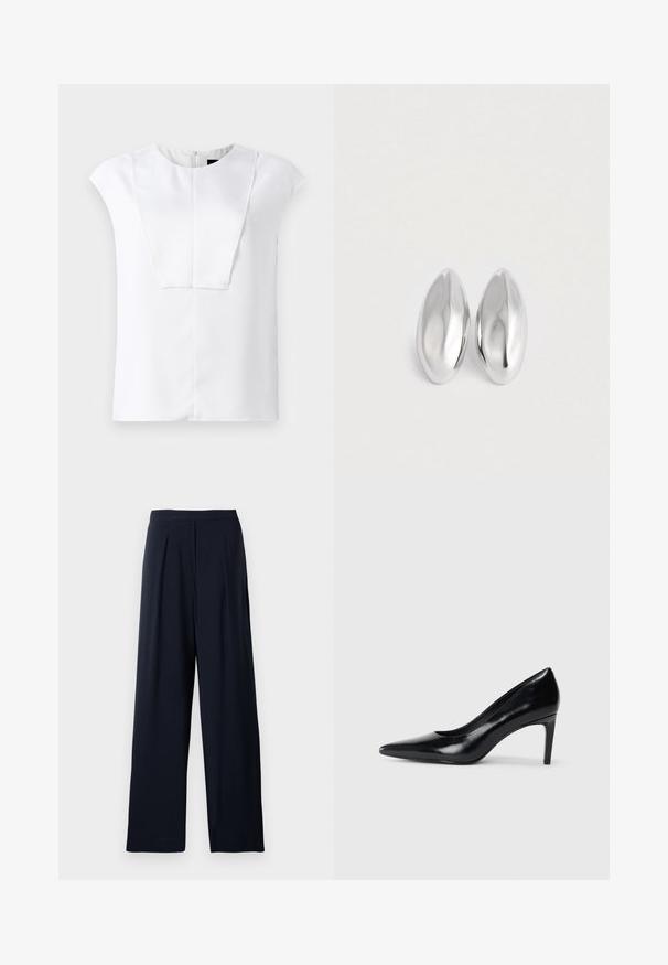 Witte blouse met korte mouwen en een ronde halslijn, met een rechthoekig detail op het voorpaneel, weergegeven op een effen achtergrond.; Navy wijde pantalons met plooien, gemaakt van zacht materiaal. Heeft een soepele tailleband en een eenvoudige uitstraling voor veelzijdig gebruik.; Zwarte leren hoge hak met een spitse neus, een gladde textuur en een tapse hak. Minimalistisch ontwerp, geen extra versieringen.; Een paar gladde, glanzende zilveren ovale objecten die naast elkaar zijn geplaatst op een eenvoudige witte achtergrond.