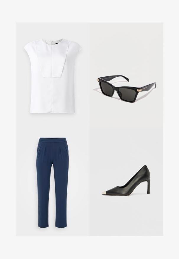 Blusa blanca de manga corta con escote redondo y un detalle en panel frontal rectangular, presentada sobre un fondo liso.; Pantalones de talle alto azul marino con cinturilla elástica, piernas rectas y anchas, y bolsillos laterales, exhibidos sobre un fondo plano.; Zapato de tacón alto de cuero negro con punta en forma de pico y una tapa metálica plateada. Presenta un acabado suave y un tacón delgado de 10 cm.; Gafas de sol rectangulares negras de Michael Kors con lentes oscuras y detalles dorados en las bisagras, mostradas sobre un fondo blanco.