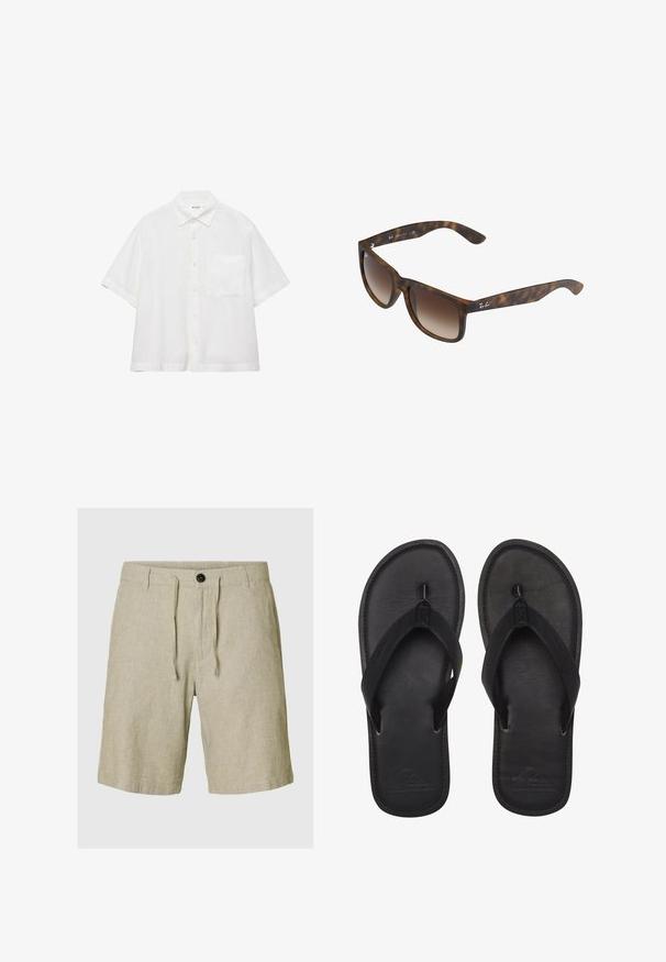Weißes kurzärmeliges Hemd mit Knopfleiste, spitzem Kragen und einer Brusttasche, auf weißem Hintergrund dargestellt.; Beige Leinenkurze mit verstellbarem Bund, Knopfverschluss und strukturiertem Stoff. Mit seitlichen Taschen und einem entspannten Schnitt.; Schwarze Flip-Flops aus glattem Material, mit einem Riemen im Zehensteg-Stil, strukturiertem Fußbett und geprägtem Logo auf der Sohle.; Schildpatt-Sonnenbrille mit braunen Verlaufslinsen, rechteckiger Form, dicken Rahmen und einem silbernen Logo-Akzent an der Seite.