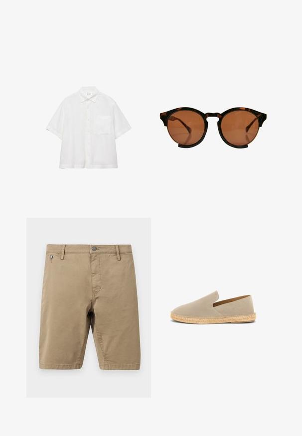 Chemise blanche à manches courtes avec boutons, col pointu et une poche poitrine, présentée sur un fond blanc uni.; Shorts en coton beige longueur genou avec fermeture avant à boutons et fermeture éclair, passants pour ceinture et deux poches avant.; Espadrille beige en daim à enfiler avec semelle enveloppée de jute et petit talon, vue latérale sur fond blanc.; Lunettes de soleil rondes avec des montures en écaille sombre et des verres marron. Le design présente une légère forme en œil de chat et des découpes au-dessus des sourcils.