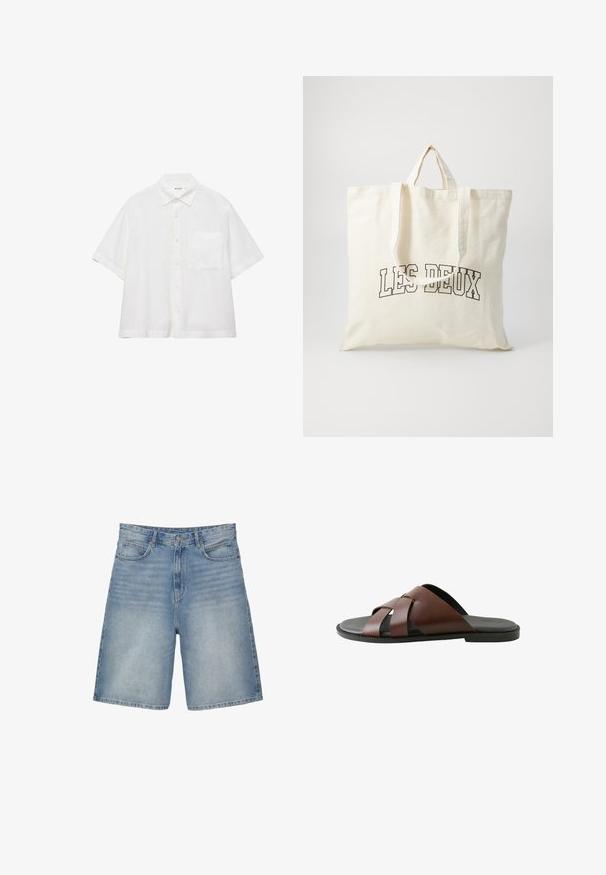 Hvid kortærmet skjorte med knapper foran, spidst krave og en enkelt brystlomme, vist på en ensfarvet hvid baggrund.; Lyseblå denimshorts med en lige pasform har fem lommer, en lynlås, og en let falmet tekstur.; Herrebrun lædersandal med krydsede remme og sort sål, vist i profil mod hvid baggrund.; Canvas tote bag i off-white, med korte håndtag og teksten "LES DEUX" trykt i fede sorte bogstaver. Holdbart, simpelt design.