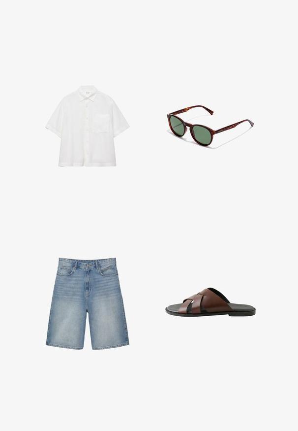 Wit kort mouw overhemd met knopen, puntige kraag en een enkele borstzak, getoond op een effen witte achtergrond.; Lichtblauwe denimshorts met een recht ontwerp hebben vijf zakken, een ritsvlieg en een licht vervaagde textuur.; Bruine leren herensandaal met gekruiste bandjes en zwarte zool, zijaanzicht op witte achtergrond.; Bruine schildpaddenbril met ronde monturen, groene lenzen en gemusterde pootjes. Heeft het merklogo op één poot.