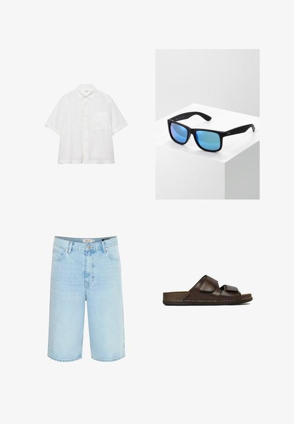 Weißes kurzärmeliges Hemd mit Knopfleiste, spitzem Kragen und einer Brusttasche, auf weißem Hintergrund dargestellt.; Hellblaue Jeansshorts mit entspannter Passform, fünf Taschen-Design, einfache Knopfverschluss und Kontrastnähte entlang der Nähte.; Dunkelbraune Ledersandale mit zwei verstellbaren Klettverschlüssen und einer dicken, strukturierten Sohle.; Schwarze rechteckige Sonnenbrille mit blauen verspiegelt Gläsern. Hat eine matte Oberfläche und das Ray-Ban-Logo an den Bügeln.