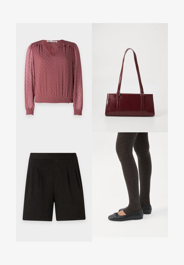 V-hals blouse in stofroze met gestructureerde stof, voorzien van smockmanchetten, elastische tailleband en opstaande stippenpatroon over het oppervlak.; Zwarte shorts van zacht materiaal, met een gladde textuur, elastische tailleband en geplooide voorkant. Eenvoudig en onafgewerkt.; Benen met donkere geribbelde leggings gecombineerd met zwarte ballerina's met kleine strikdetails op een witte achtergrond.; Bourgondische handtas van glanzend materiaal, rechthoekige vorm, met twee schouderbanden en subtiele gebogen accenten aan de voorkant.