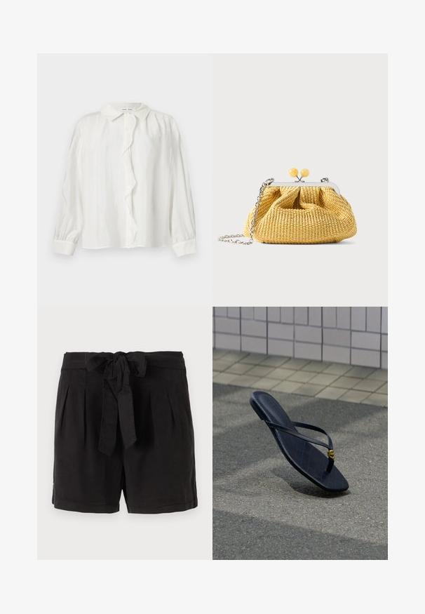 Hvid skjorte med knapper og volang-detalje, lange ærmer og klassisk krave. Teksturret stof med subtile lodrette linjer.; Sorte bomuldsshorts med bindebælte i taljen, plisséer foran og sidelommer. Glat tekstur og afslappet design.; Sort læder-flipflop med en guldfarvet dekoration spænde, hvilende på tekstureret belægning tæt på flisebelagt væg i udendørs omgivelser.; Lille gul vævet håndtaske med sølvramme, to gule kuglelåse og en sølvkæde som rem på hvid baggrund.