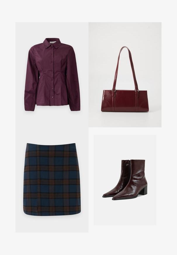 Bordeaux knoopshirt met lange mouwen, een klassieke kraag en geplooide details bij de taille. Glad stof met subtiele glans.; Donkerblauwe geruite mini-jurk met bruine en grijze lijnen, gemaakt van een gladde stof, met een subtiele split aan de achterkant voor gemakkelijke beweging.; Glinsterende donkerbruine leren enkellaarzen met puntige neuzen, een zijrits en blokhakken op een effen lichtgrijze achtergrond.; Bourgondische handtas van glanzend materiaal, rechthoekige vorm, met twee schouderbanden en subtiele gebogen accenten aan de voorkant.