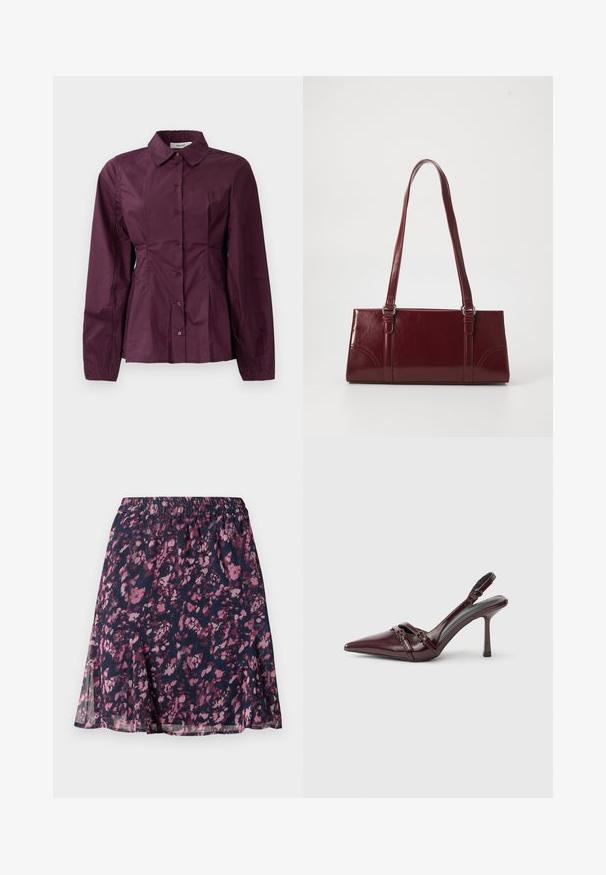 Camisa burdeos de botones con mangas largas, cuello clásico y detalles con pliegues en la cintura. Tejido suave con un leve brillo.; Falda marina con cintura elástica, que presenta un patrón abstracto de flores en tonos rosa y púrpura, y un dobladillo ligeramente acampanado.; Zapato de tacón slingback de charol burdeos con puntera puntiaguda, fina correa en el tobillo y pequeño detalle decorativo de hebilla. Textura suave y tacón alto.; Bolso burdeos hecho de material brillante, de forma rectangular, con dos asas para el hombro y sutiles acentos curvados en la parte frontal.