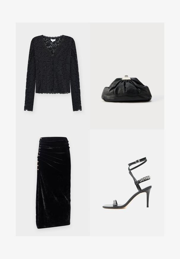 Sort langærmet blondecardigan med blomstermønster, knaplukning foran og flæsekant på ærmer og kant.; Rabanne Pencil skirt - black; Sort højhælet sandal med tynd ankelrem, midtfodsrem dekoreret med sølvkædeled og åben tå-design.; Sort læderclutch med en samlet tekstur, metal lukning og diskret præget logo på forsiden. Rundet form.