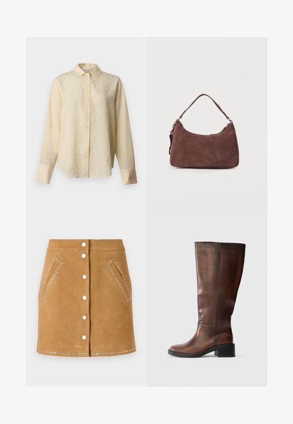 Chemise crème à manches longues boutonnée avec de fines rayures verticales et de larges poignets, avec un col classique et un ourlet droit.; Jupe en suède marron avec fermeture à boutons à l'avant, deux poches latérales et clous en argent le long des poches et de l'ourlet. Texture lisse.; RAID FERNE - Bottes - brown; Sac bandoulière en daim marron avec une anse unique et une fermeture éclair, présenté sur un fond clair uni.
