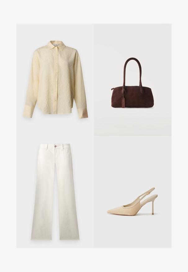 Crème lange mouwen hemd met subtiele verticale strepen en brede manchetten, met een klassieke kraag en een rechte zoom.; Witte rechte broek met voorzakken, riemlussen en een knoopsluiting met roze stiksel details.; Beige slingback hoge hakken met een spitse neus, gemaakt van textuurmateriaal, met een slanke hak en een verstelbare band.; Donkerbruine suède handtas met twee lange hengsels en een klein bevestigd label, tegen een effen lichte achtergrond.