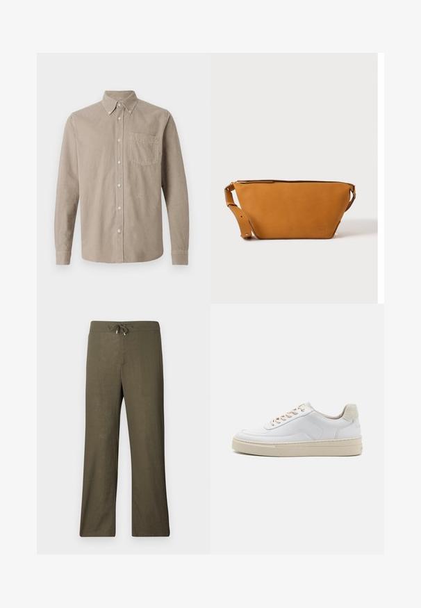 CLOSED BUTTON DOWN SHIRT - Chemise - silt grey; Pantalons en lin olive, ample, avec taille à cordon et jambes larges. Texture lisse, design minimaliste, sans motifs ni accents visibles.; Sneaker blanche avec un dessus en cuir lisse, des lacets beige et un onglet de talon en daim beige texturé. Semelle surélevée pour une hauteur supplémentaire.; Sac bandoulière en cuir marron clair avec sangle réglable et fermeture éclair, présenté sur un fond clair uni.
