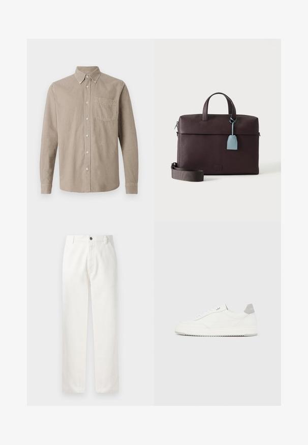 CLOSED BUTTON DOWN SHIRT - Πουκάμισο - silt grey; Λευκό βαμβακερό παντελόνι με ίσια γραμμή, μπροστά τσέπες, μεταλλικό κούμπωμα και διακριτές ραφές κατά μήκος των ραφών.; Λευκό αθλητικό παπούτσι χαμηλού ύψους με γκρι ταμπ εφφέ στη φτέρνα, λευκά κορδόνια και υφή στη σόλα, απεικονιζόμενο σε απλό ανοιχτόχρωμο φόντο.; Σκούρα καφέ δερμάτινη τσάντα γραφείου με επάνω χερούλια, αποσπώμενο ιμάντα ώμου και ανοιχτό μπλε δερμάτινη ετικέτα που κρέμεται από ένα χερούλι.