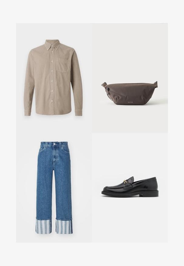 CLOSED BUTTON DOWN SHIRT - Hemd - silt grey; Weite Denim-Jeans in Mittelblau, mit einem Saum in Blau- und Weißstreifen. Klassisches Fünf-Taschen-Design mit Knopfverschluss.; Schwarze Lederleter mit einer abgerundeten Zehenpartie, ausgestattet mit goldenen Hardwareakzenten und Stichdetails, auf einer niedrigen, strukturierten Gummisohle.; Dunkelbraune Stoff-Gürteltasche mit diagonalem Reißverschlussfach und kleinem weißen Logo vorne, vor einem einfarbigen hellen Hintergrund.