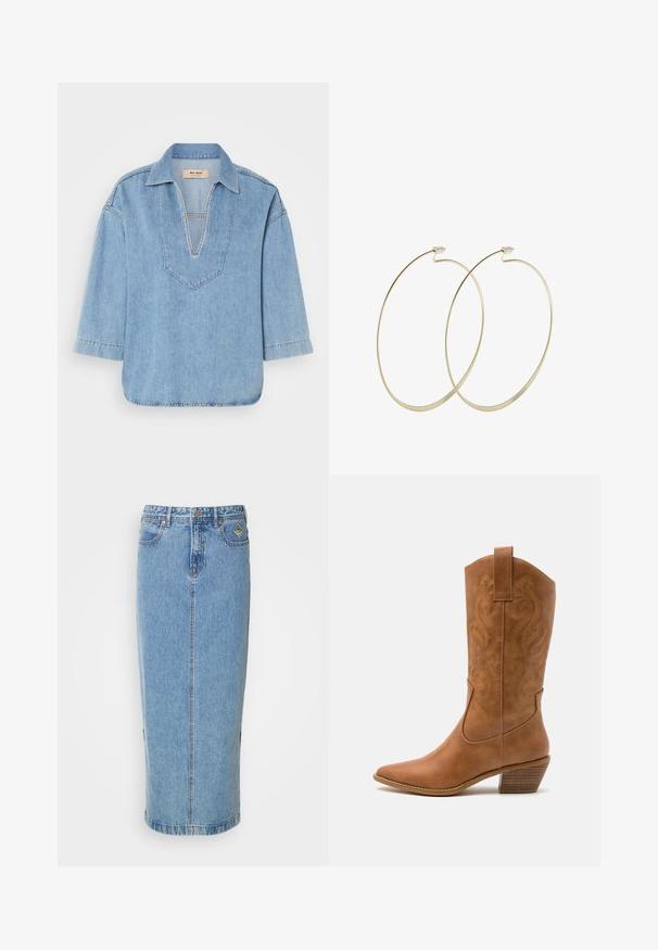 Lys blå denim pullover skjorte med V-hals, korte ærmer og let buet kant. Har kontrasterende syninger langs halsudskæringen.; Lysblå denim midi-nederdel med lige silhuet, frontknaplukning og sidelommer. Har diskret syning og et mærke patch.; Tan læder cowboystøvle med spids tå, broderede svirvelmønstre på skaftet og en stablet blokhæl. Har en træksløjfe for nem af/på.; Pilgrim Øreringe - gold-coloured