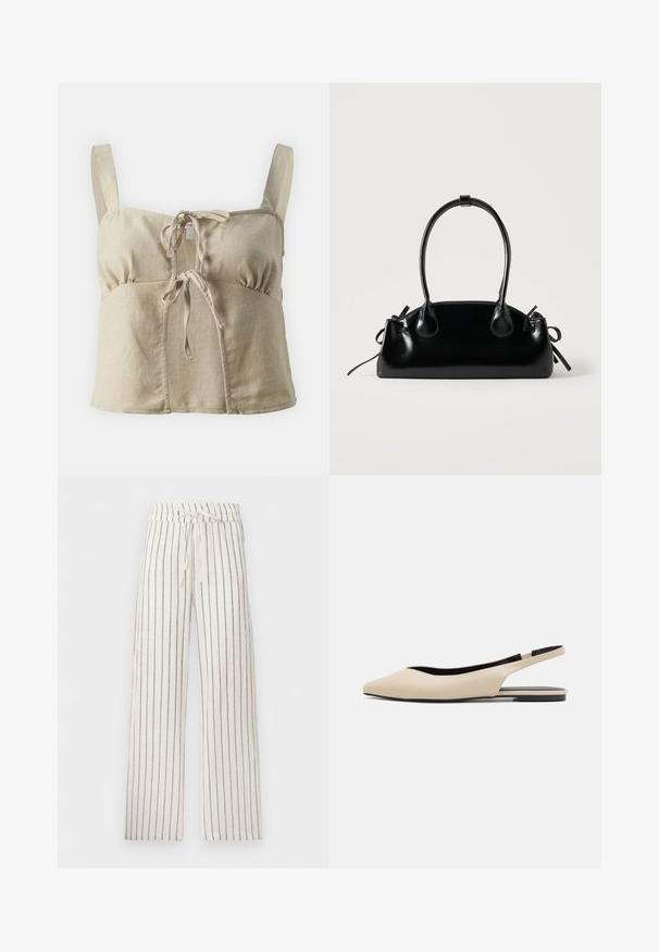 Helles beiges Leinen-Crop-Top mit verstellbarem Knoten vorne, breiten Trägern und Raffung unter der Brust. Glatte Textur.; Weiße Schlaghosen mit dünnen vertikalen schwarzen Streifen und einem Kordelzugbund.; Beige Leder Slingback-Ballerinas mit spitzem Zeh, minimalistischem Design, glatter Textur und einer niedrigen schwarzen Sohle.; Kleine schwarze glänzende Handtasche mit zwei langen Griffen und seitlichen Kordelzug-Details vor einfachem hellem Hintergrund.