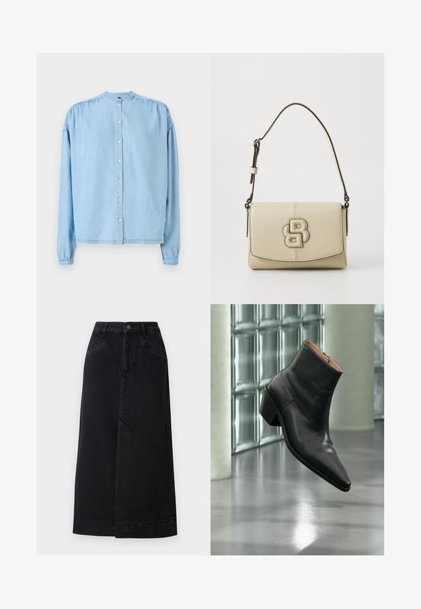 Hellblaues, langärmliges, knopfbares Hemd aus weichem Denim, mit rundem Halsausschnitt, gerafften Schultern und gerader Schnittführung.; Schwarzer Denim-Midikleid mit gerader Form, Druckknopfverschluss vorne und seitlichen Taschen mit dezenten Nähte.; Schwarzer Leder-Stiefelette mit spitzer Schuhspitze und Blockabsatz, der über einem reflektierenden grauen Boden nahe einer Glassteinwand schwebt.; Cremfarbene Lederhandtasche mit strukturiertem Design, ausgestattet mit einem auffälligen geprägten Logo, einer Klappverschluss und einem verstellbaren Trageriemen.