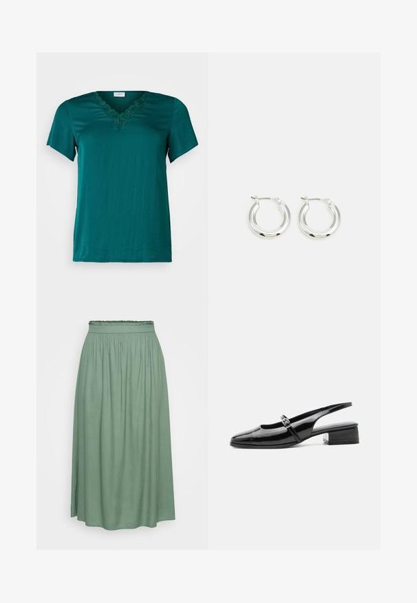 Teal kortærmet T-shirt lavet af blødt stof, med en V-halsudskæring med bølget blondekant og en afslappet pasform. Glat tekstur, ingen mønstre.; Grøn midi-nederdel med en samlet elastisk talje, glat tekstur og flodende design, der har en let A-form og ingen mønstre.; Sort laklæderslingback-sko med lav blokhæl og tynd rem med sølvspænde over toppen.; Sølv hoop-øreringe med en poleret finish, der har en cirkulær form og en hængslet lukning. Glat tekstur med minimal detaljering.