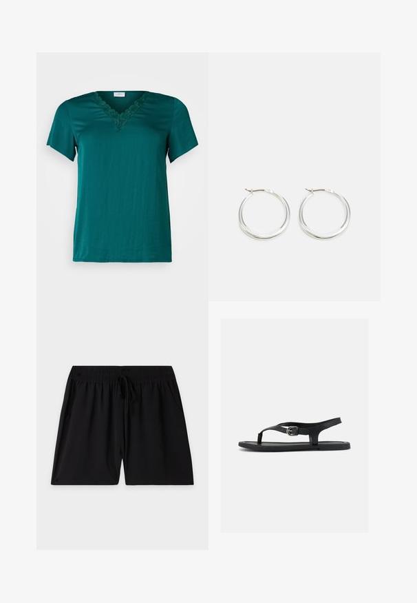 Teal kortærmet T-shirt lavet af blødt stof, med en V-halsudskæring med bølget blondekant og en afslappet pasform. Glat tekstur, ingen mønstre.; Sort shorts med elastisk linning, justerbar snøre og sidelommer, lagt fladt på en almindelig lys baggrund.; Sort flad sandal med ankelrem, tæsepind og sølvspænde på glat sål, vist fra siden på hvid baggrund.; Sølv hoops øreringe har et glat, afrundet design med en slank profil og sikker spænde. Minimalistisk stil med en poleret finish.