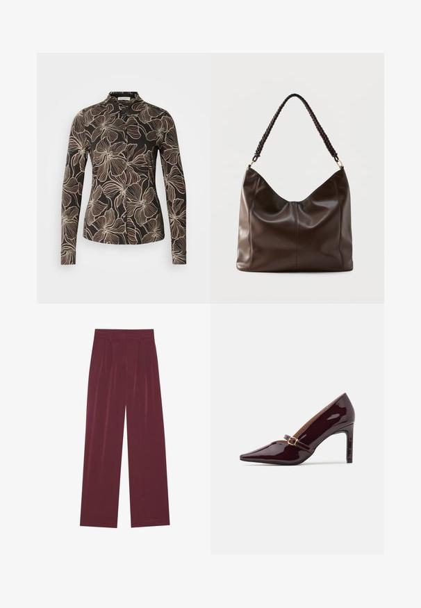 Zwarte shirt met een bloemmotief in crème. Lange mouwen, knoopsluiting aan de voorkant en een gestructureerde kraag. Glad stoffen textuur.; Bordeaux wijde broek met voorplooien, zijzakken, riemlussen en een verborgen sluiting aan de voorkant.; Patente bordeaux hoge hak schoen met puntige neus, enkelsluitle met gouden hardware en een strakke, gepolijste afwerking. Verhoogde stiletto hak.; Donkerbruine leren schoudertas met een gevlochten handvat en zichtbare naden aan de voorkant.