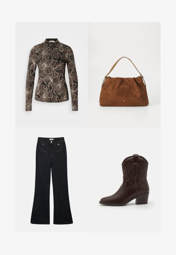 Zwarte shirt met een bloemmotief in crème. Lange mouwen, knoopsluiting aan de voorkant en een gestructureerde kraag. Glad stoffen textuur.; Flared donkerdenim jeans met een hoge taille, twee voorzakken en oranje stiksels. Het materiaal lijkt stevig en glad.; Bruine leren cowboylaarzen met spitse neuzen, geperste vleugelpatronen, een blokhak van gemiddelde hoogte en een lus aan de achterkant.; Bruine suède handtas met een geplooid ontwerp, voorzien van een enkele tan kleur leren schouderband en een subtiele gouden logo-detail aan de voorkant.