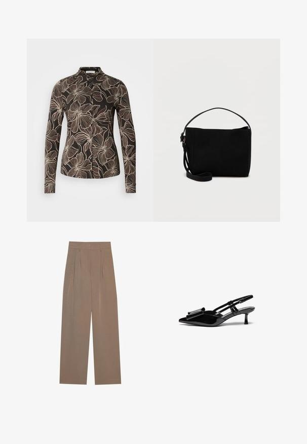 Chemise noire avec un motif floral crème. Manches longues, boutonnage devant et col structuré. Texture de tissu lisse.; Pantalons plissés marron avec une coupe large, dotés d'une taille plate et de poches latérales, fabriqués à partir d'un tissu léger.; Talons aiguilles en cuir verni noir avec un bout pointu, un détail en nœud à l'avant et un petit talon stiletto. Les brides sont équipées de boucles ajustables.; Sac à main rectangulaire noir avec une courte poignée et une bandoulière amovible, présenté sur un fond clair uni.