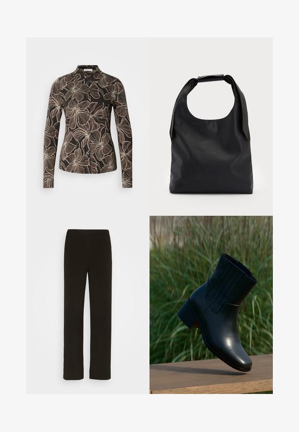 Camisa negra con un patrón floral en crema. Manga larga, botones en la parte delantera y un cuello estructurado. Textura de tela suave.; Pantalones negros de pierna recta, confeccionados en tejido plano, con frente liso, dos bolsillos laterales y una textura suave. Sin patrones ni adornos visibles.; Bota negra de cuero al tobillo con punta redonda y tacón modesto. Presenta costuras verticales en el lateral, textura lisa y una silueta elegante.; Bolso de mano de cuero negro con una gran abertura superior y una sola correa para el hombro. Textura suave, diseño minimalista, con detalles sutiles de herrajes.