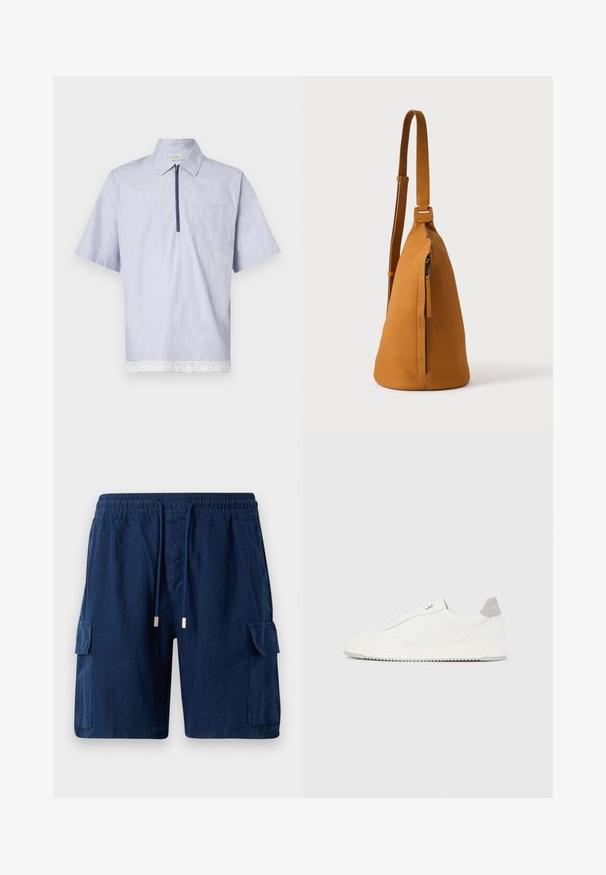 Kurzärmliges Hemd mit Kragen aus hellblauem Stoff, mit einem Frontreißverschluss, zwei Brusttaschen und einem weißen Spitzenbesatz am Saum.; Marineblaue Cargo-Shorts aus leichtem Material, mit einem elastischen Bund und Kordelzug, zwei Seitentaschen und einer Beintasche.; Weißer Sneaker mit niedrigem Schaft, grauem Fersenlaschen, weißen Schnürsenkeln und einer strukturierten Sohle, dargestellt vor einem schlichten hellen Hintergrund.; Hellbraune Leder-Umhängetasche mit verstellbarem Trageriemen und vertikaler Reißverschlusstasche, von der Seite vor hellem, einfarbigem Hintergrund gezeigt.