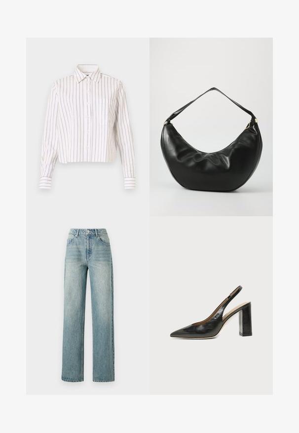 Triibuline valge pluus õhukeste pruunide triipudega. Omab teravat kraed, pikkade varrukate ja rinnataskut. Lühendatud pikkus.; Copenhagen Muse JEANNE PANTS - Avar lõikega teksad - medium dirty washed denim; Mustast nahast terava varbaga slingback-kinga kõrge plokk-kontsaga ja beežsisemise voodriga tavalise heledal taustal.; Mustast nahast õla kott, millel on kõver kuju, pehme tekstuur ja üks rihm; sisaldab kuldset tõmblukku ja peent brändimist.
