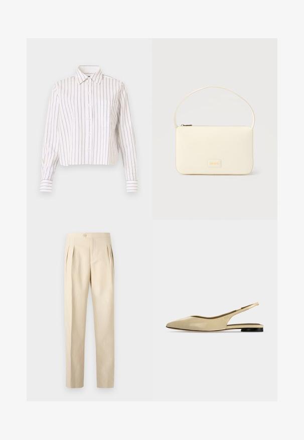 Chemise rayée blanche avec de fines rayures brunes. Elle a un col pointu, des manches longues et une poche poitrine. Longueur courte.; Pantalons beiges taille haute avec plis avant, fermeture à bouton unique et coupe droite. Fabriqués à partir d'un tissu texturé et tissé.; Chaussure plate beige à bout pointu avec bride arrière, petit talon noir et finition en cuir lisse, vue de côté sur un fond uni.; Sac à main rectangulaire de couleur crème avec une seule sangle et une fermeture éclair sur le dessus, comportant une petite plaque de logo embossé à l'avant.