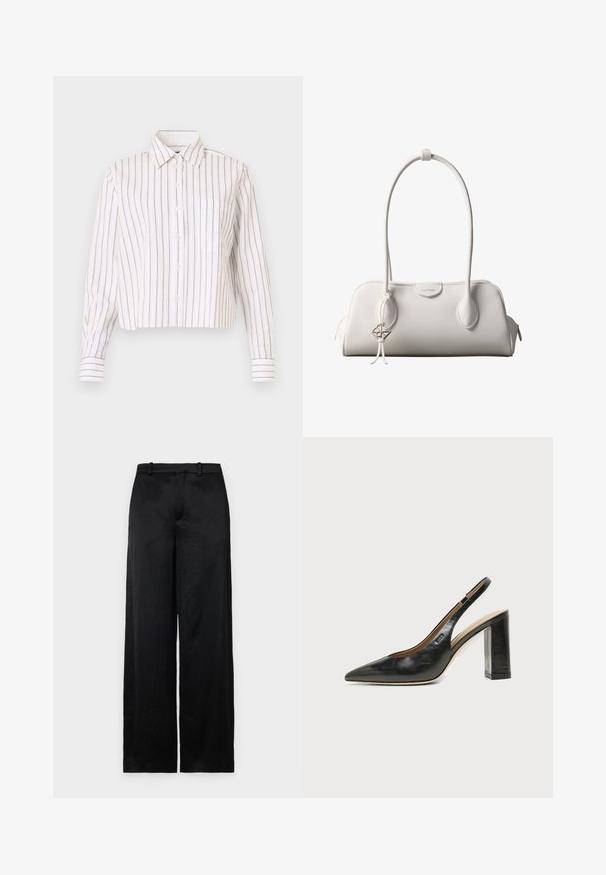Camisa de botones a rayas en blanco con finas rayas marrones. Cuenta con un cuello puntiagudo, mangas largas y un bolsillo en el pecho. Longitud corta.; Pantalones de pierna ancha negros, hechos de una tela ligera y texturizada. Presentan una cinturilla lisa con trabillas para el cinturón y una silueta recta y fluida.; Zapato slingback de piel negra con puntera puntiaguda, tacón alto y ancho, y forro interior beige sobre un fondo claro y liso.; Bolso de hombro blanco de Calvin Klein con asas largas, forma rectangular, cierre de cremallera y charm decorativo con el logo colgando cerca del asa.