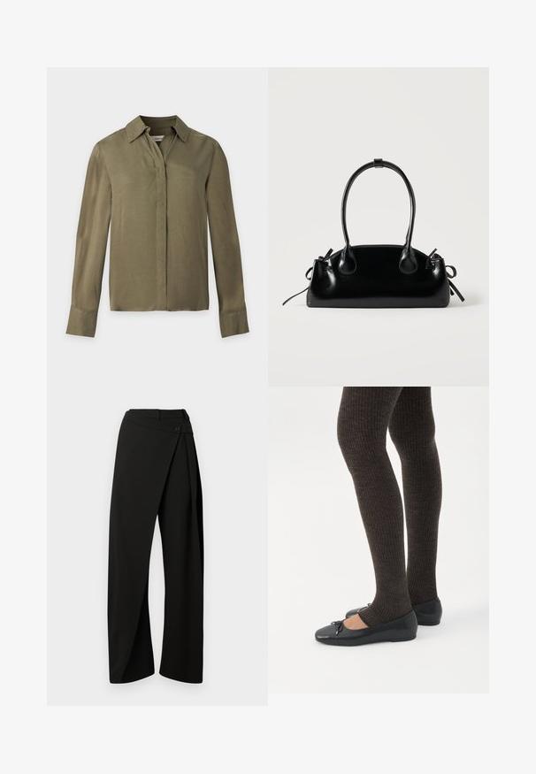Blusa verde oliva de manga larga con cuello y botones delanteros ocultos sobre un fondo gris claro.; Pantalones negros de pierna ancha con un panel envolvente en el frente y un cierre de botón en la cintura, mostrados sobre un fondo blanco.; Piernas con leggings oscuros acanalados combinados con bailarinas negras que presentan pequeños detalles de lazo sobre un fondo blanco.; Pequeño bolso negro brillante con dos asas largas y detalles de cordón lateral sobre un fondo claro liso.