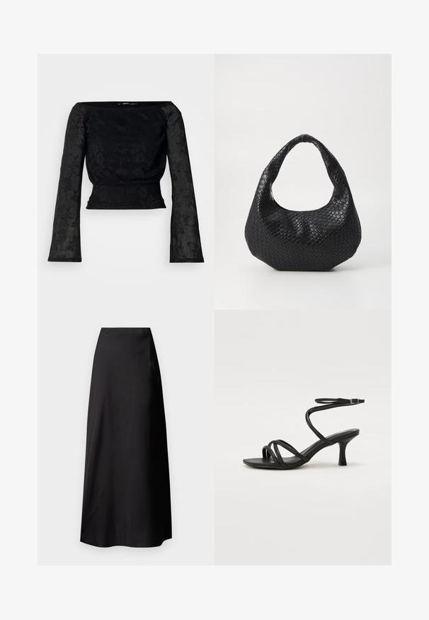 Haut noir à manches longues avec un motif floral texturé. Présente un corsage ajusté et des manches évasées, confectionné dans un matériau léger et transparent.; Jupe maxi en satin noir avec une texture lisse, taille haute, silhouette fluide et sans motifs ni détails en métal visibles.; Even&Odd Wide Fit by Zalando Sandales - black; Sac à main tissé noir avec une poignée courbée, présentant une surface texturée et une forme décontractée. Fini lisse avec une silhouette organique.