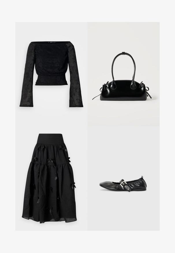 Zwarte top met lange mouwen en een gestructureerd bloemmotief. Voorzien van een getailleerd lijfje en uitlopende mouwen, gemaakt van een lichtgewicht, doorschijnende stof.; Sister Jane BIRDIE BOW MIDI SKIRT - A-lijn rok - black; Zwarte leren platte schoen met een spitse neus, geplooide details rond de opening en een zilveren gespaccentueerde verstelbare band.; Kleine zwarte glanzende handtas met twee lange hengsels en zijkant trekkoord details op een effen lichte achtergrond.