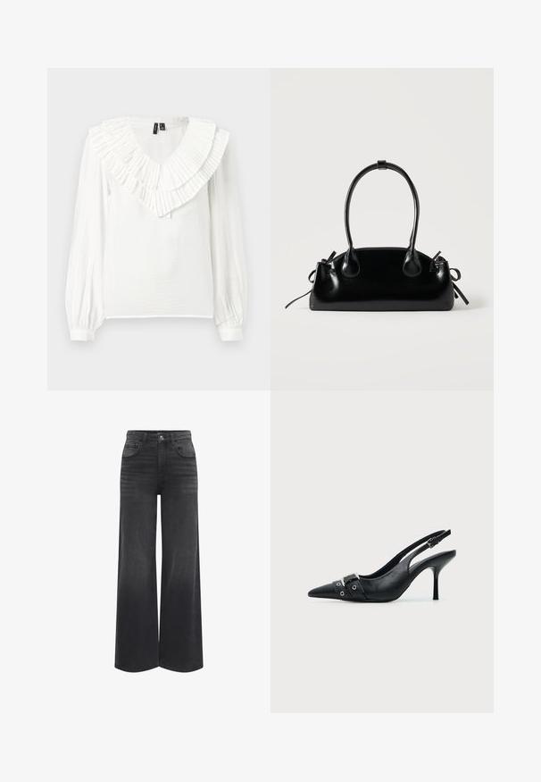 Blouse blanche avec un décolleté en V et un col volanté en couches. Manches longues avec poignets élastiques, fabriquée dans un tissu léger et texturé.; Jean noir taille haute à jambes larges avec poches avant, passants pour ceinture et fermeture à bouton.; Escarpin slingback à talon haut en cuir noir avec bout pointu, boucle et détail de bride œillet à l'avant.; Petit sac à main noir brillant avec deux longues anses et des détails à cordon sur les côtés sur un fond clair uni.